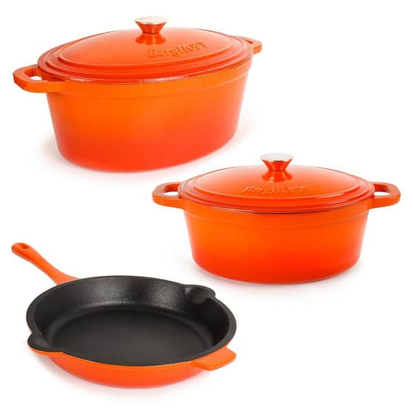 BergHOFF Neo 5-Piece Cast Iron Oval Dutch Oven Set with 10 in. Fry Pan, 5 qt. and 8 qt., Orange