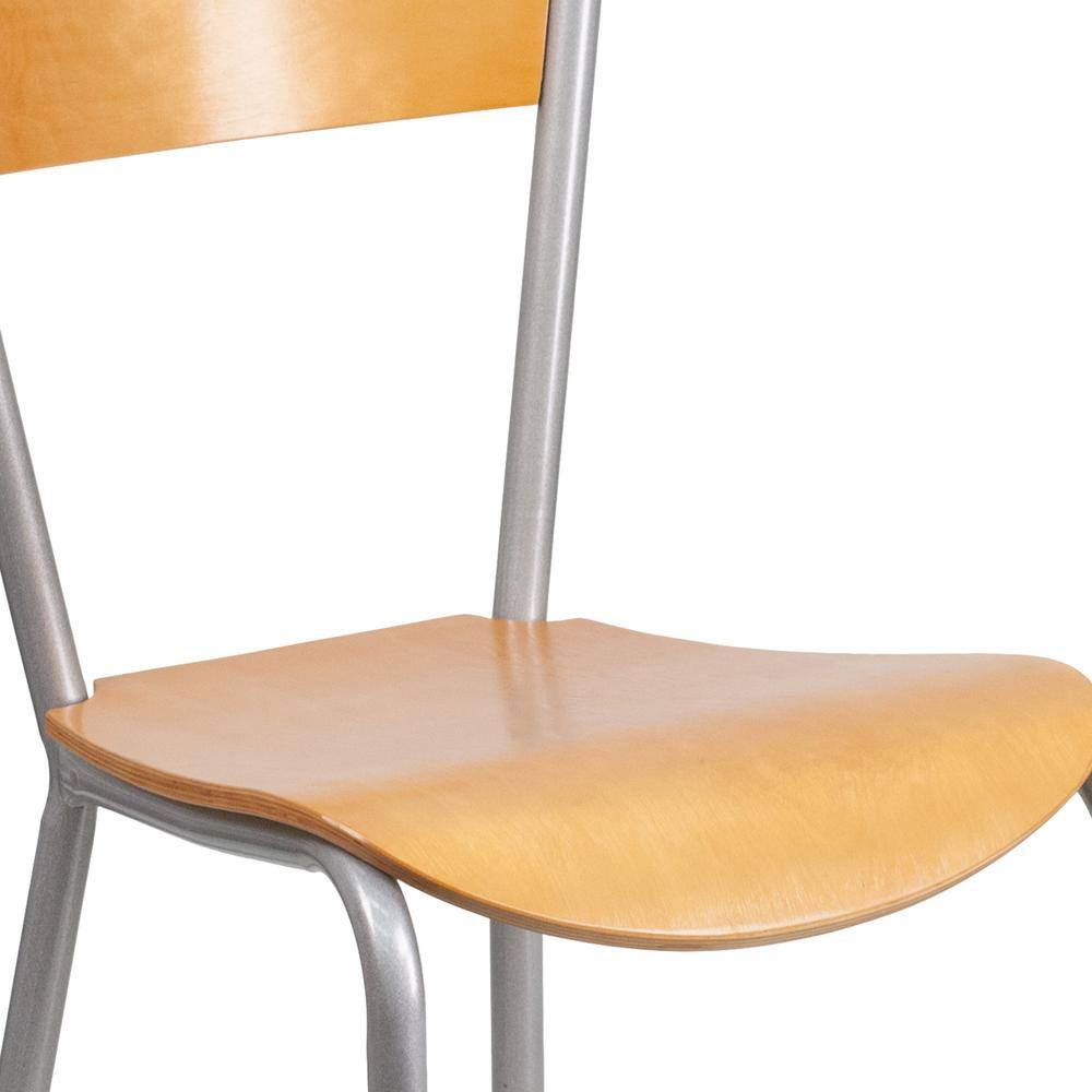 Chic Silver Steel Side Chair with Natural Wood Seat and Back