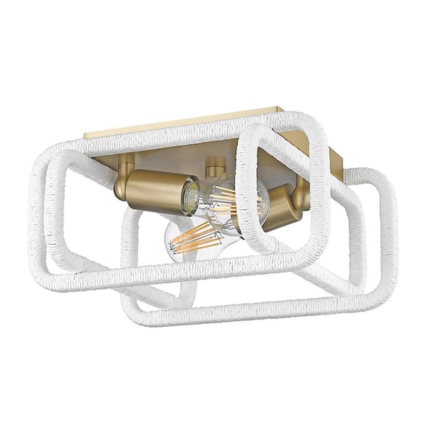 Golden Lighting Camden 11.5 in. 2-Light Brushed Champagne Bronze and Bleached White Raphia Rope Flush Mount