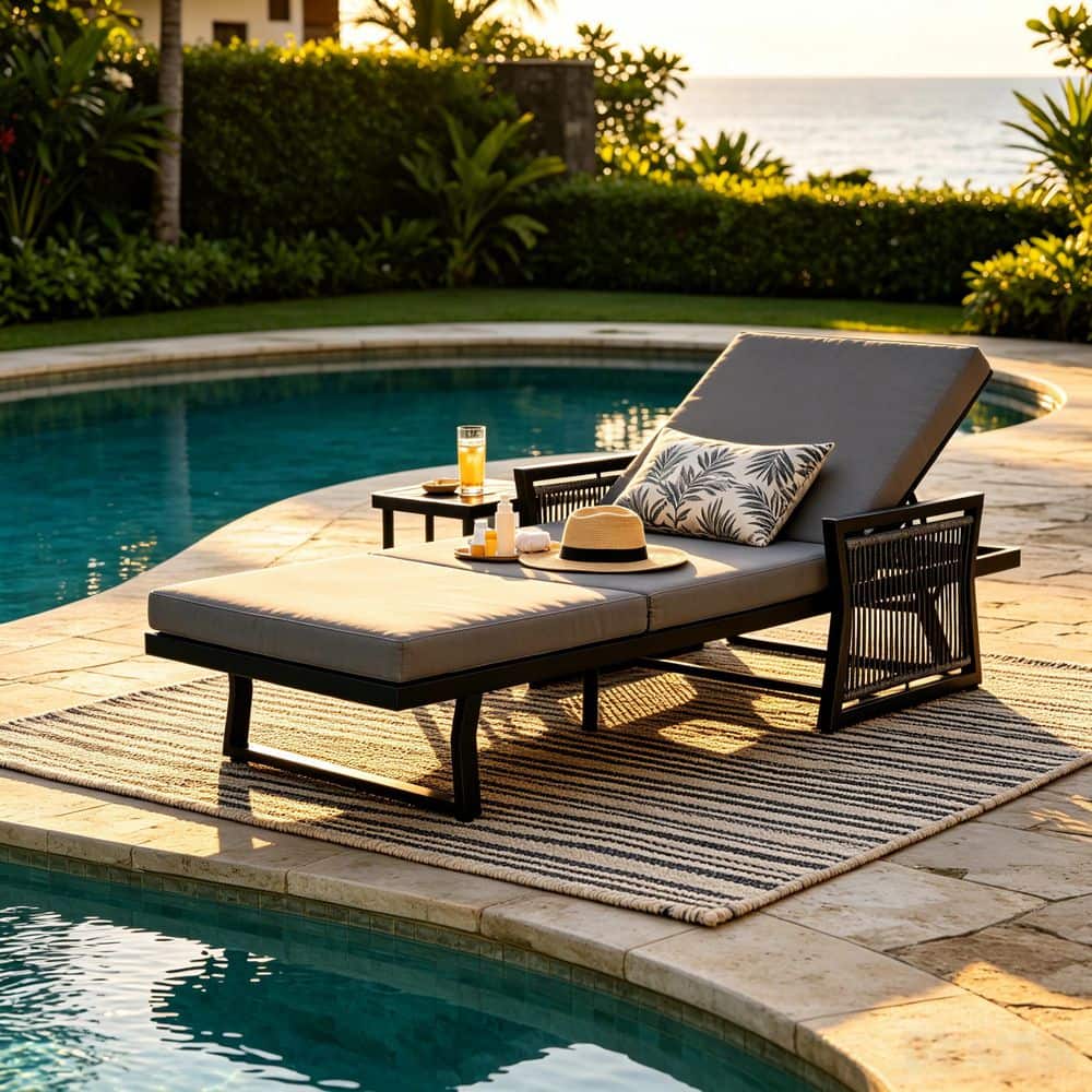 Fred Black Metal Outdoor Patio Chaise Lounge with Dark Grey 3-Fold Cushion and Black Rope Armrests price history on PriceWatchPro