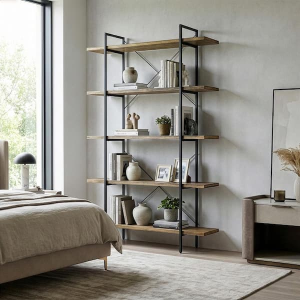 Amrit 84.5 in. Wood Shelf Metal Frame Etagere Bookcase 5-shelf Media Center