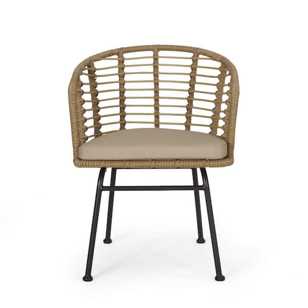 Unbranded Brown Wood Patio Outdoor Dining Chair with Brown Cushion, Woven Rope Armchair with Cushion for Balcony Pool Backyard