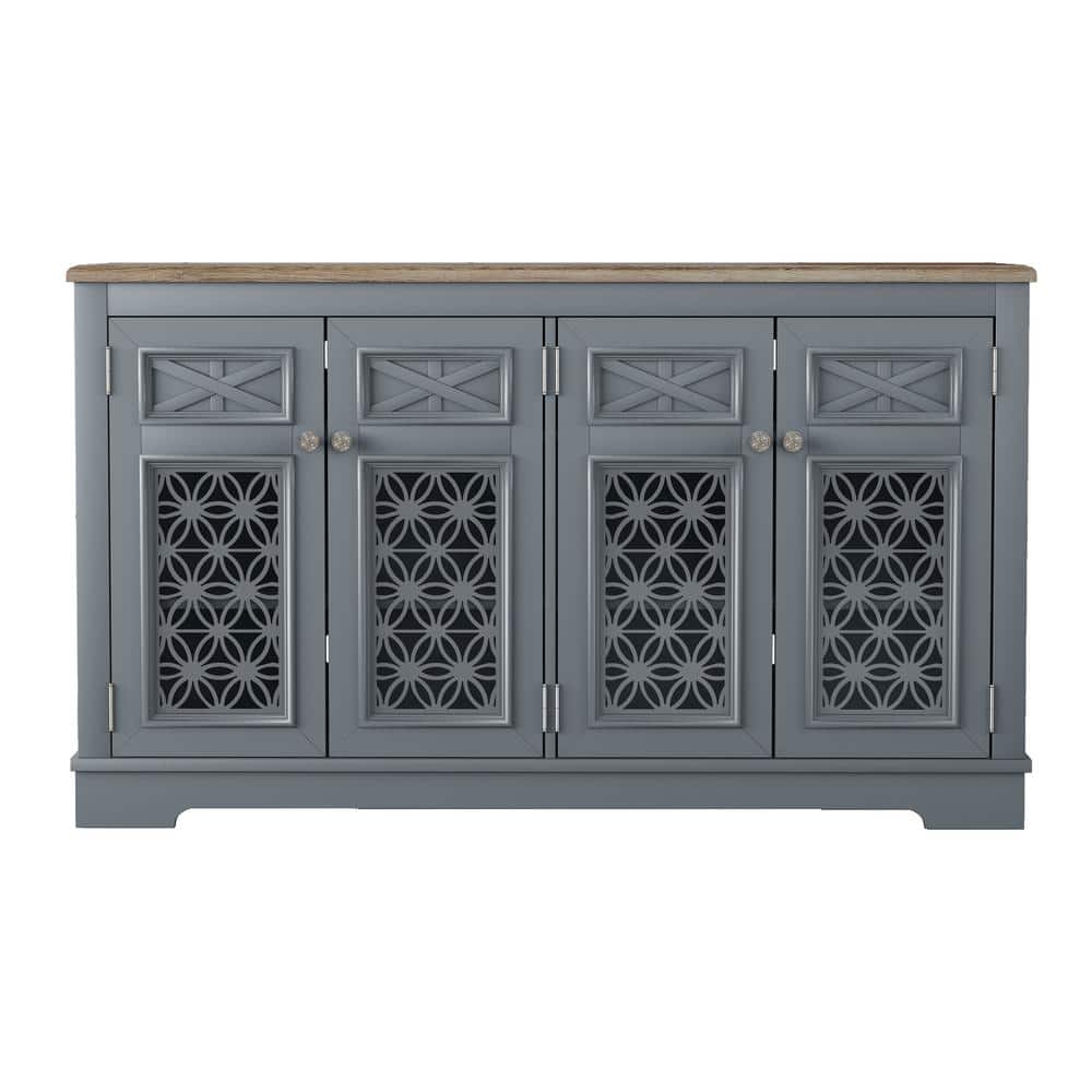 Vintage Gray Wood Buffet Sideboard with Glass Doors and Adjustable Shelves
