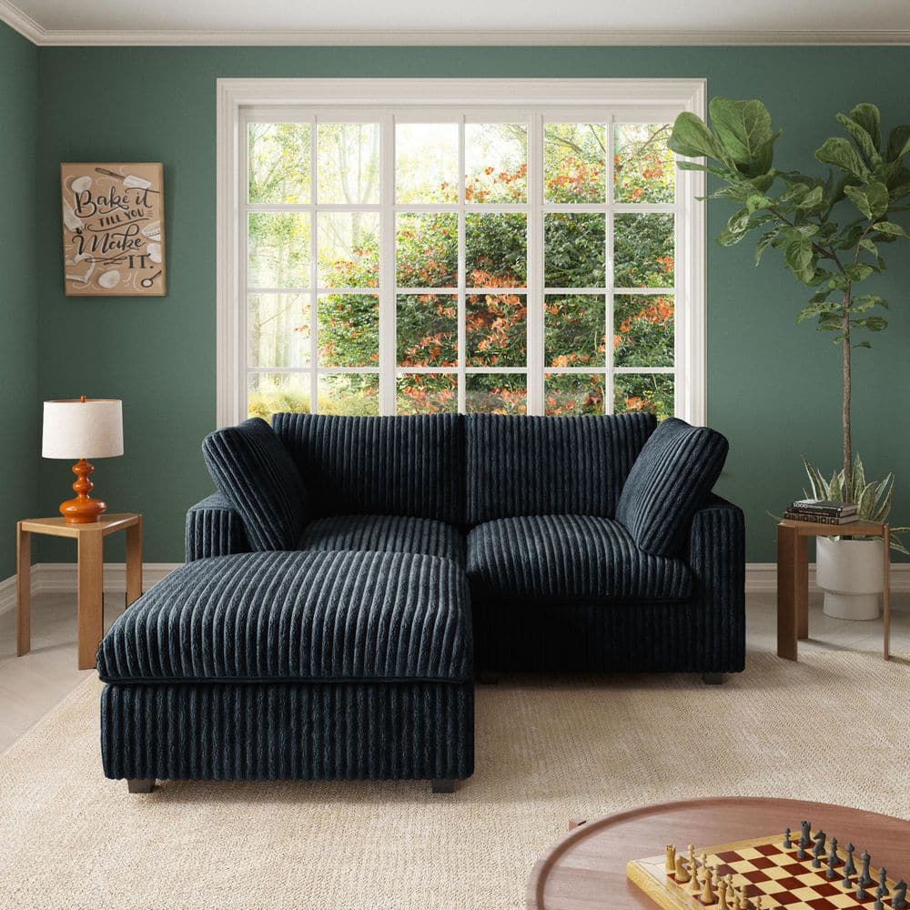 78.74 in. Rabbit Plush Fabric Square Arm 3-Piece L Shaped Modular Sectional Sofa in Black with Ottoman