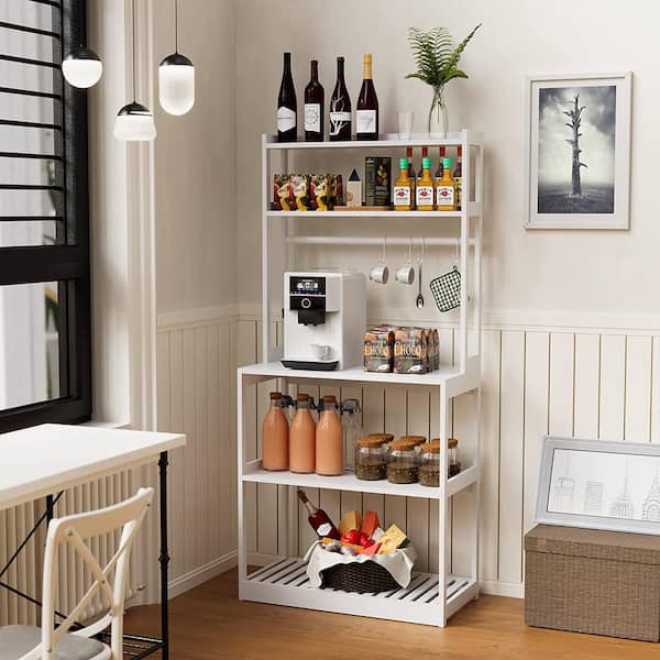Tileon Bamboo Microwave Stand, Bakers Racks for Kitchens with Storage Shelves, 5-Tier Kitchen Stand with 4-Hooks