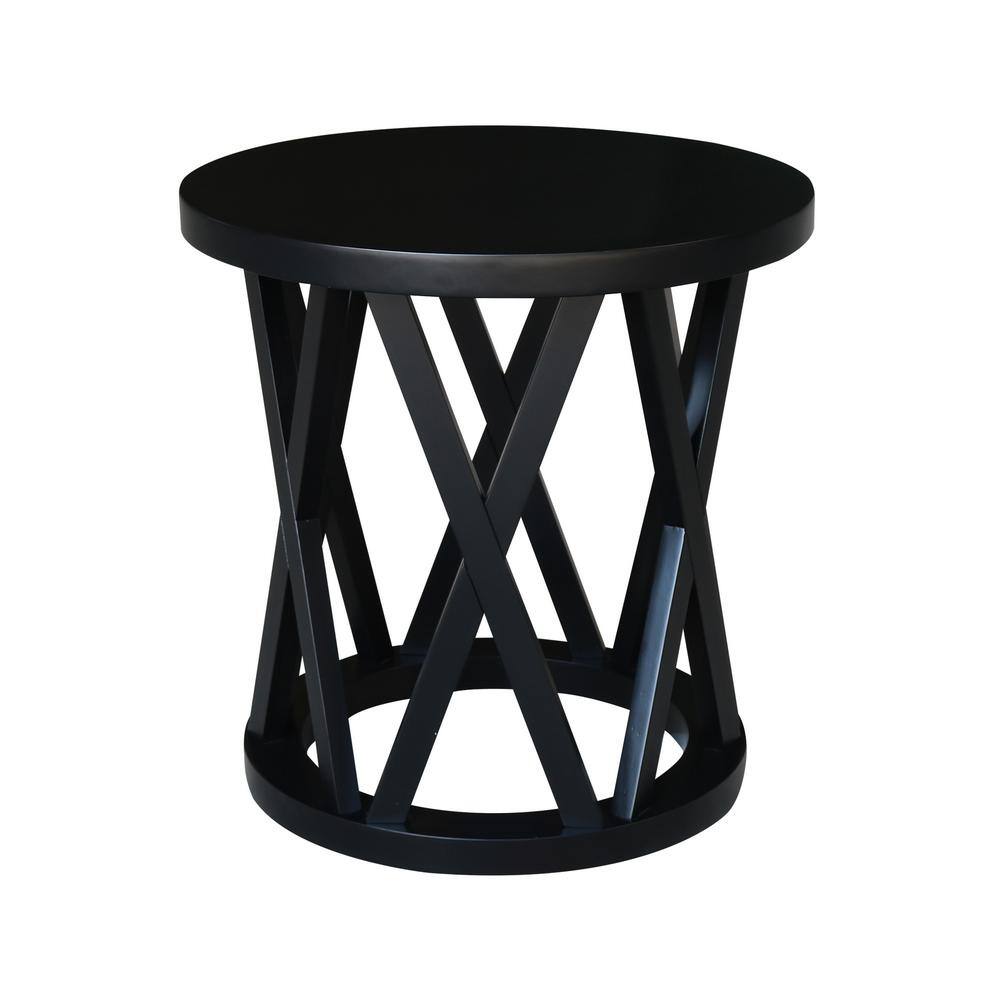 24" Black Solid Wood Round End Table with Geometric Base