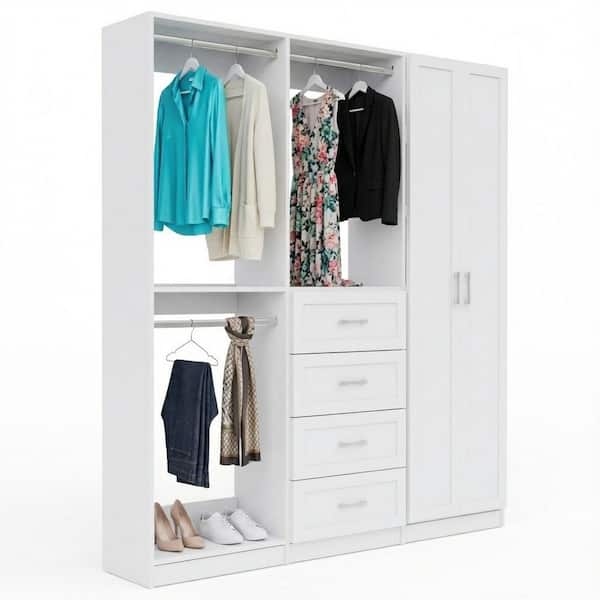 Alto Collection 99 in. W White Wall Mounted Shaker Double Hang, 4-Drawer w Hang, Shelves w Full Door Wood Closet System