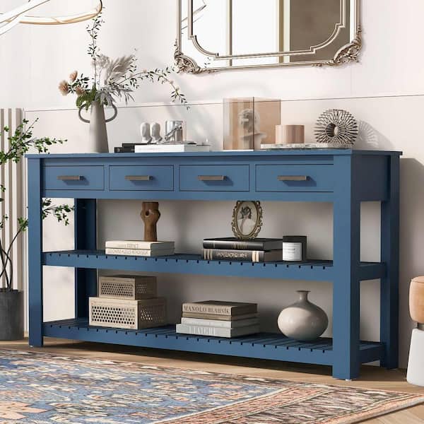 Polibi 62.2 in. Navy Blue Rectangle Wood Console Table with 4 Drawers and 2 Shelves, Suitable for Entryways, Living Rooms