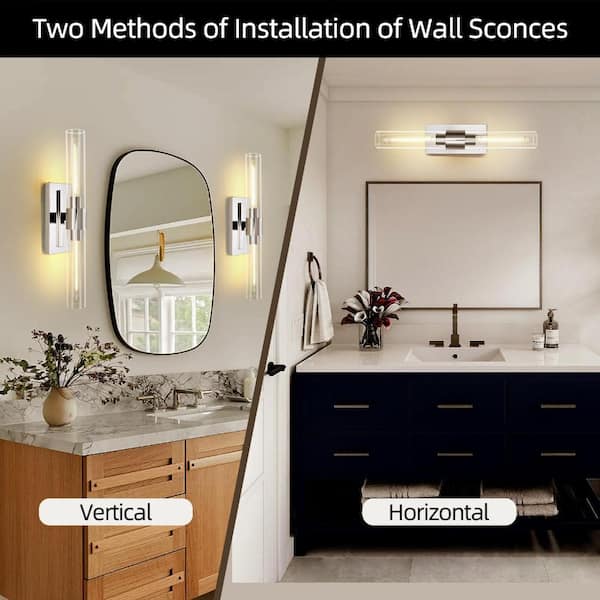23 in. 2-Light Nickel Wall Sconce with Thick Clear Glass Shade for Bathroom, Mirror, Hallway, Kitchen (1-Pack)