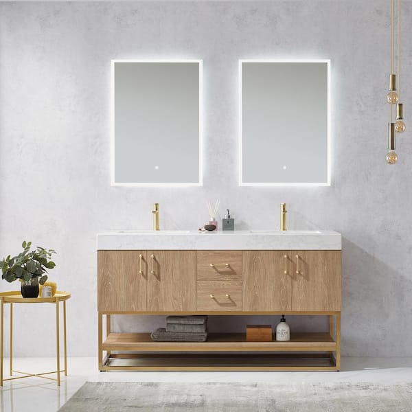Alistair 60 in. Bath Vanity in North American Oak with Grain Stone Top in White with White Basin and Mirror