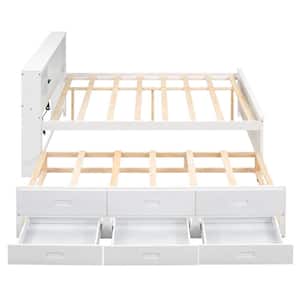 White Wood Frame Full Size Platform Bed with 3-Drawer, Headboard with Shelves, Twin Size Trundle, USB Charging Station