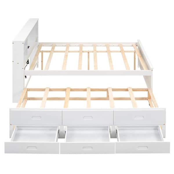 Harper & Bright Designs White Wood Frame Full Size Platform Bed with 3-Drawer, Headboard with Shelves, Twin Size Trundle, USB Charging Station