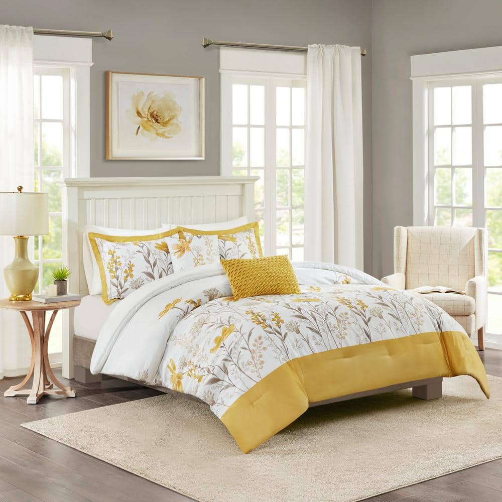 Full White Cotton 5 Piece Comforter Set with Yellow Accents