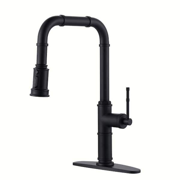 Single Handle 17.9 in. H Pull Down Sprayer Kitchen Faucet with 360° Spout Swivel and 3-Mode Spray in Matte Black
