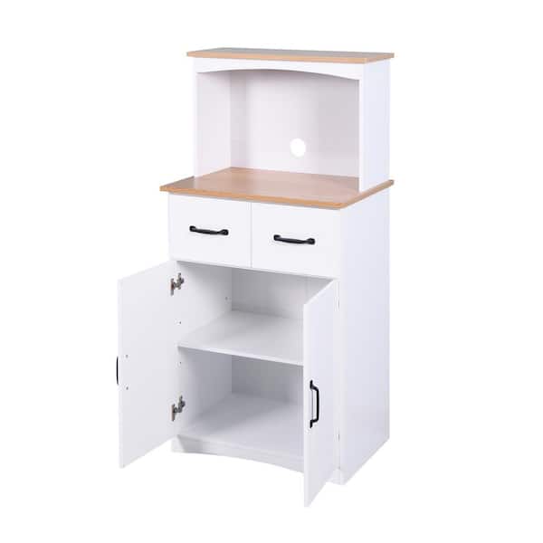 Nestfair Freestanding White Wooden Kitchen Cabinet Microwave Cabinet with Drawers