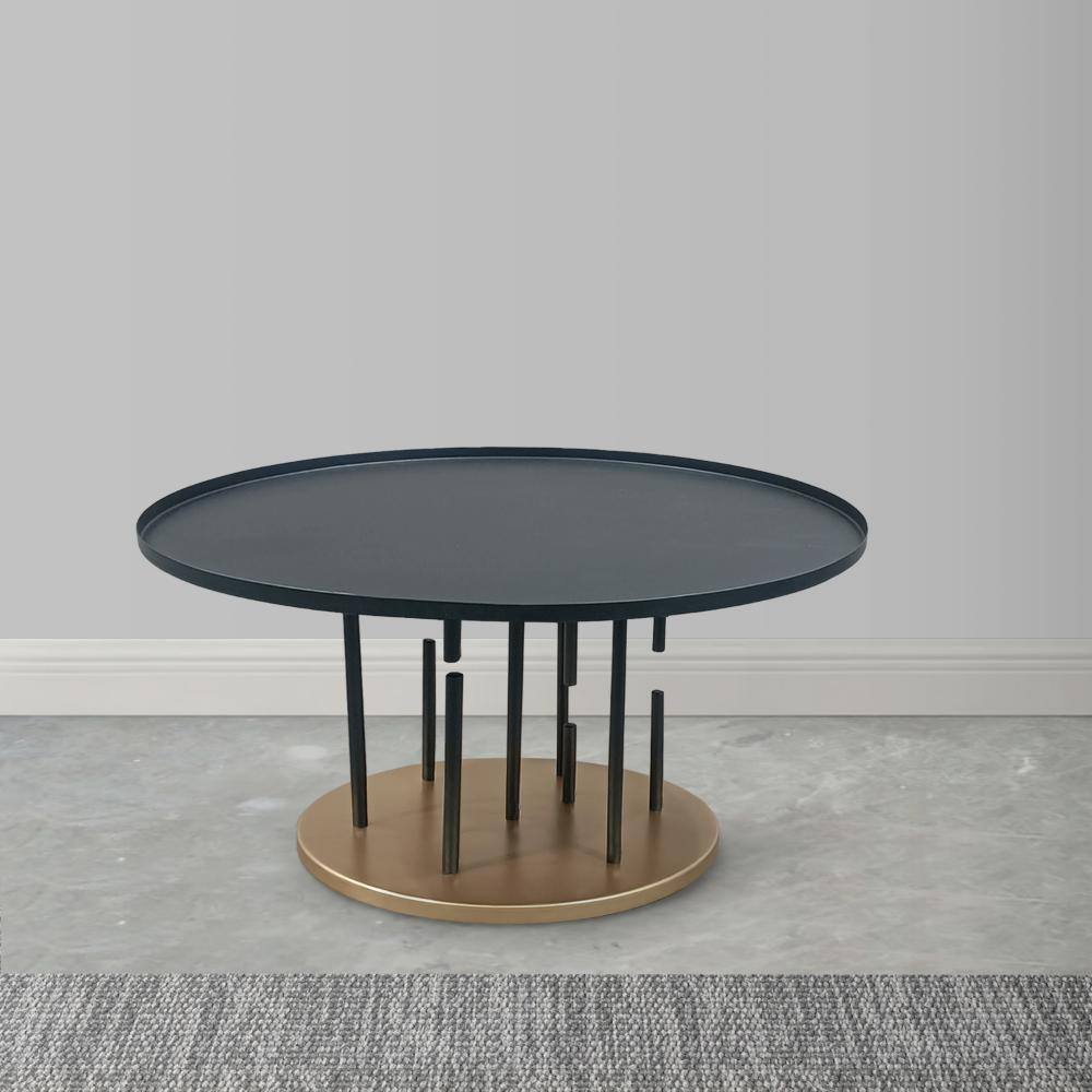 31" Round Matte Black and Brass Metal Coffee Table