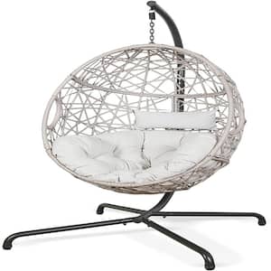 Patio Wicker Swing Egg Chair with White Cushions and Stand
