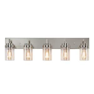 36 in. 5-Light Brushed Nickel Vanity Light with Clear Glass Shade