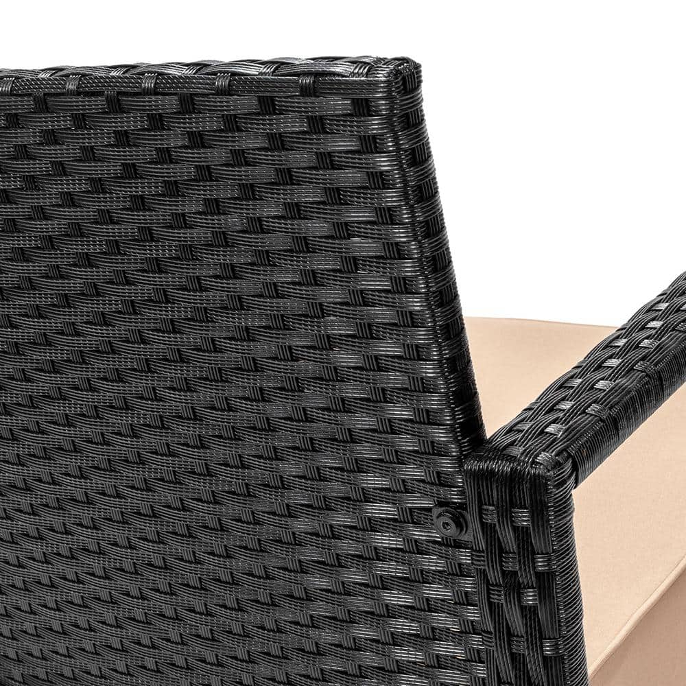 Black Steel and Beige Wicker Rocking Bistro Set with Glass Table