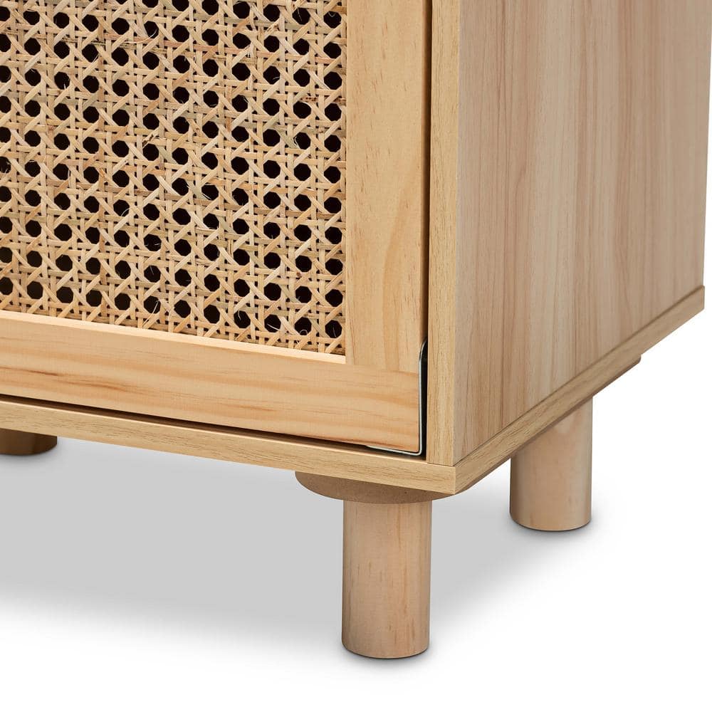 Mid-Century Modern Natural Brown Pine & MDF End Table with Rattan Door
