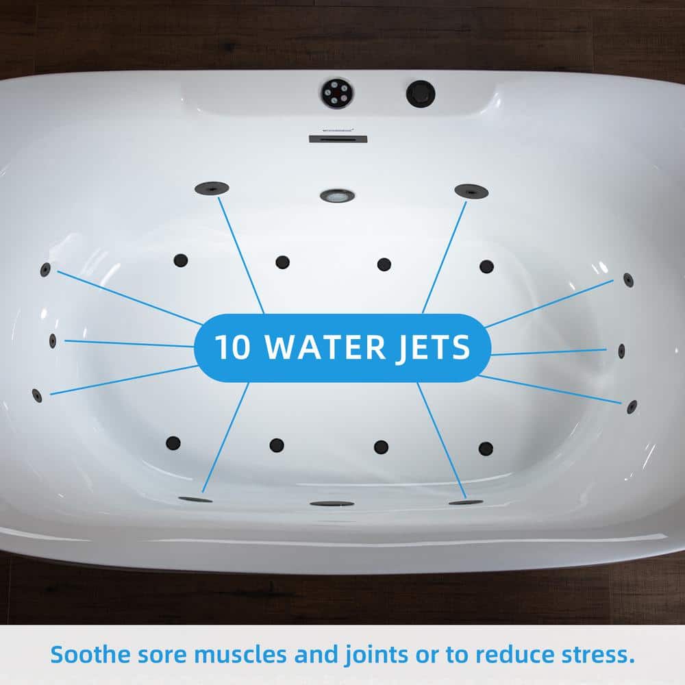 72" White Acrylic Freestanding Whirlpool Bathtub with Matte Black Hardware