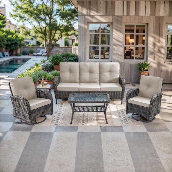 Bellefurn Rotavia Brown 5-Piece Wicker Patio Conversation Set with Swivel Rockers, Outdoor Sofa Seating Set with Beige Cushions