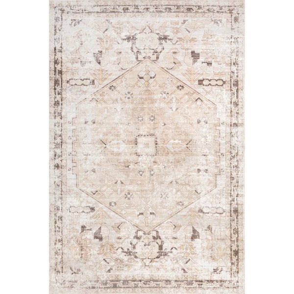 nuLOOM Diane Vintage Beige 4 ft. x 6 ft. Medallion Machine Washable Traditional Area Rug