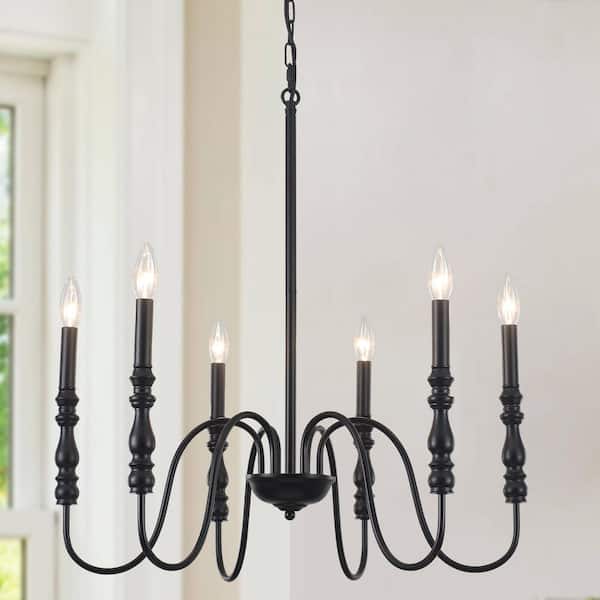 6-Light Matte Black Classical Candle Style Chandelier for Dinning Room Kitchen Island with No Bulbs Included