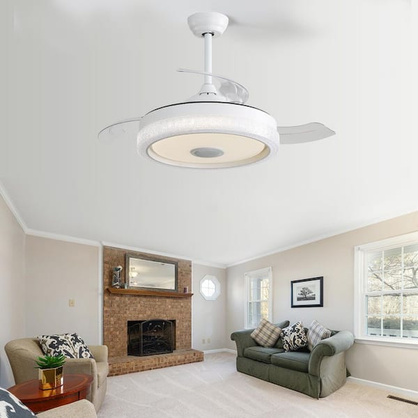 42 in. Smart White Retractable Clear Blades Downrod Mount Ceiling Fan with LED Light, RGB Changing and Music Speaker