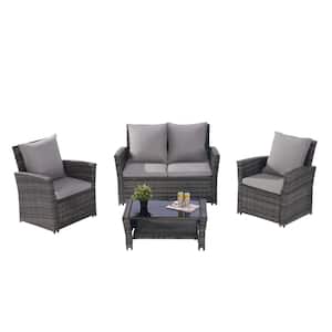 Gray 4-Piece Rattan Wicker Patio Conversation Set with Tempered Glass Coffee Table and Light Grey Cushions