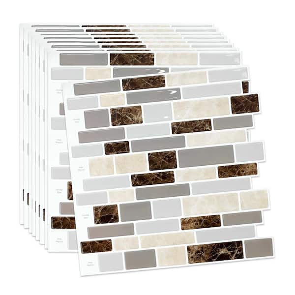 12 in. x 12 in. Brown Peel and Stick Tile Backsplash Self Adhesive Vinyl Wall Tile for Kitchen Backsplash (10-Pack)