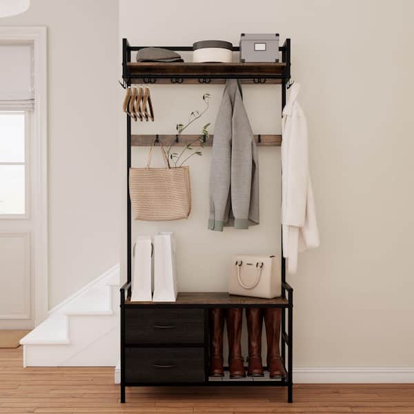 Unbranded 33.1 in. W x 11.81 in. D x 70.86 in. H Brown Wood Hall Tree with Drawers, Shelves and 23-Hooks for Entryways, Hallways