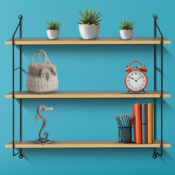 Bestier 41.54 in. W x 9.37 in. D Retro Grey Oak Light 3-Tier Ladder Composite Decorative Wall Shelf with Circular Tube and Hooks