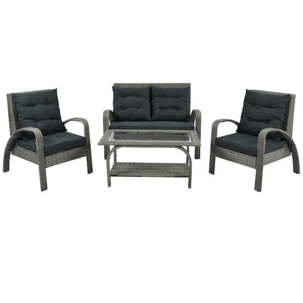 cenadinz 4-Piece Wicker Patio Conversation Set with Gray Cushions