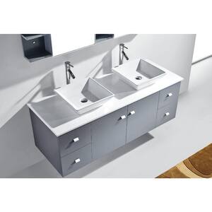 Clarissa 60 in. W Bath Vanity in Gray with Stone Vanity Top in White with Square Basin and Mirror