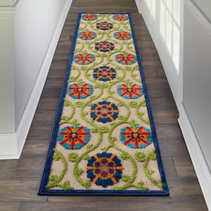 Aloha Easy-Care Blue/Multicolor 2 ft. x 12 ft. Kitchen Runner Floral Modern Indoor/Outdoor Patio Area Rug