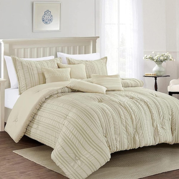 Shatex 7-Pieces Beige Luxury Embroidery Microfiber Polyester Queen Comforter Set