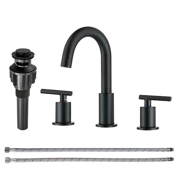 IVIGA 8 in. Widespread Double Handle Bathroom Faucet with 2-Aerators, Pop Up Drain and Supply Lines in Matte Black