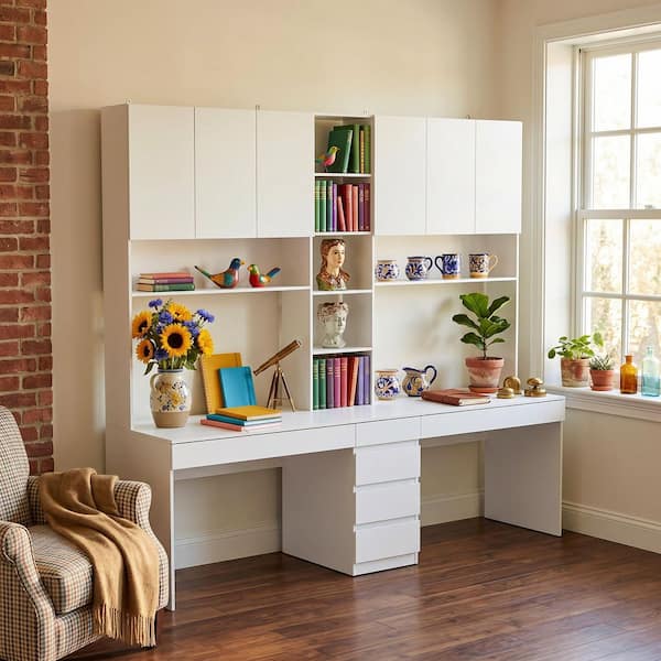 94.5 in. W Large 2 in. 1 Wood Double Computer Desk White Writing Desk 86.6 in. Tall Bookshelf, Drawers Home Office