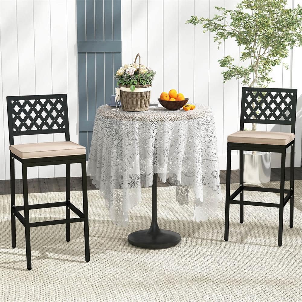 Costway 27 in. Black + Beige Metal Bar Stools Outdoor Bar Height Dining Chairs with Cushion Set of 2