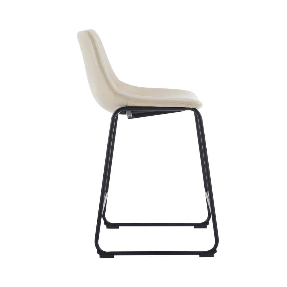 Cream Faux Leather and Black Steel Armless Counter Stools, Set of 2