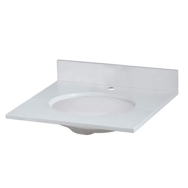 YASINU 24 in. W x 22 in. D Quartz Vanity Top in White with White Round Single Sink Included Blacksplash