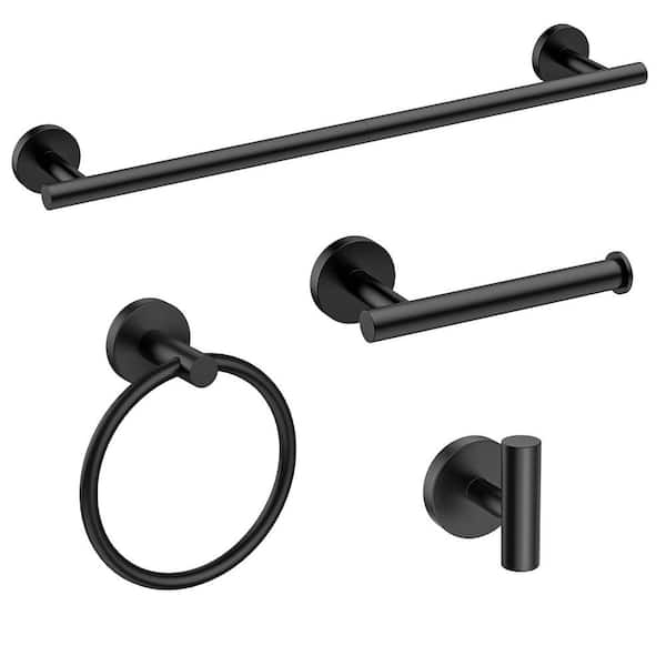 YASINU 4-Piece Bath Hardware Set Included Towel Bar, Toilet Paper Holder, Towel Ring, and Robe Hook in Matte Black