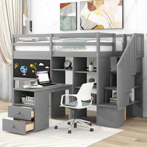 Gray Twin Size Loft Bed with Blackboard, Pullable Desk, Storage Shelves and Staircase