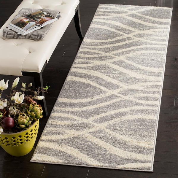 Adirondack Gray/Cream 3 ft. x 20 ft. Waves Runner Rug