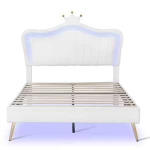 White Modern Princess Bed Wood Frame Full Faux Upholstered Platform Bed with LED Light and Adjustable Crown Headboard