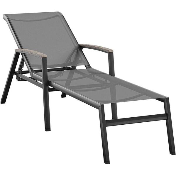 Hanover Seaside Outdoor Aluminum Sling Chaise Lounge with Faux Wood Accent Arms and Gray Sling