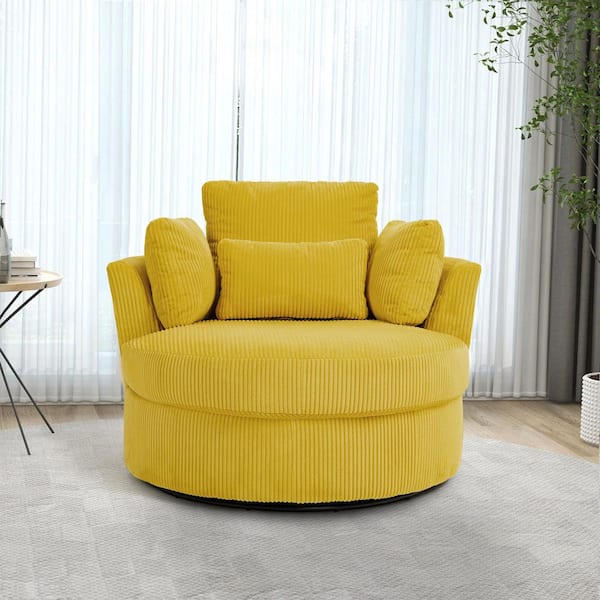Uixe Mustard Yellow Corduroy Fabric Upholstered 360° Swivel Accent Barrel Chair with Pillows (Set of 1)