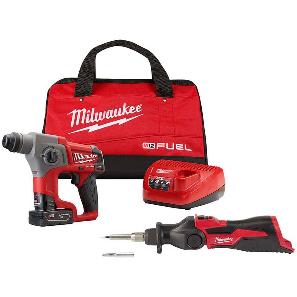 Milwaukee M12 FUEL 12-Volt Lithium-Ion 5/8 in. Cordless SDS-Plus Rotary  Hammer Kit with M12 Soldering Iron 2416-21XC-2488-20 The Home Depot