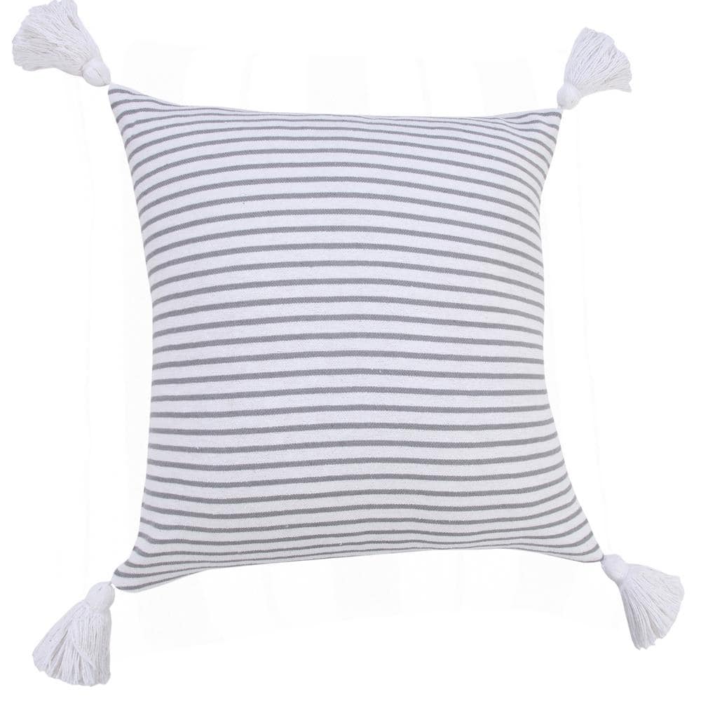Gray and White Striped Cotton Square Throw Pillow with Tassels
